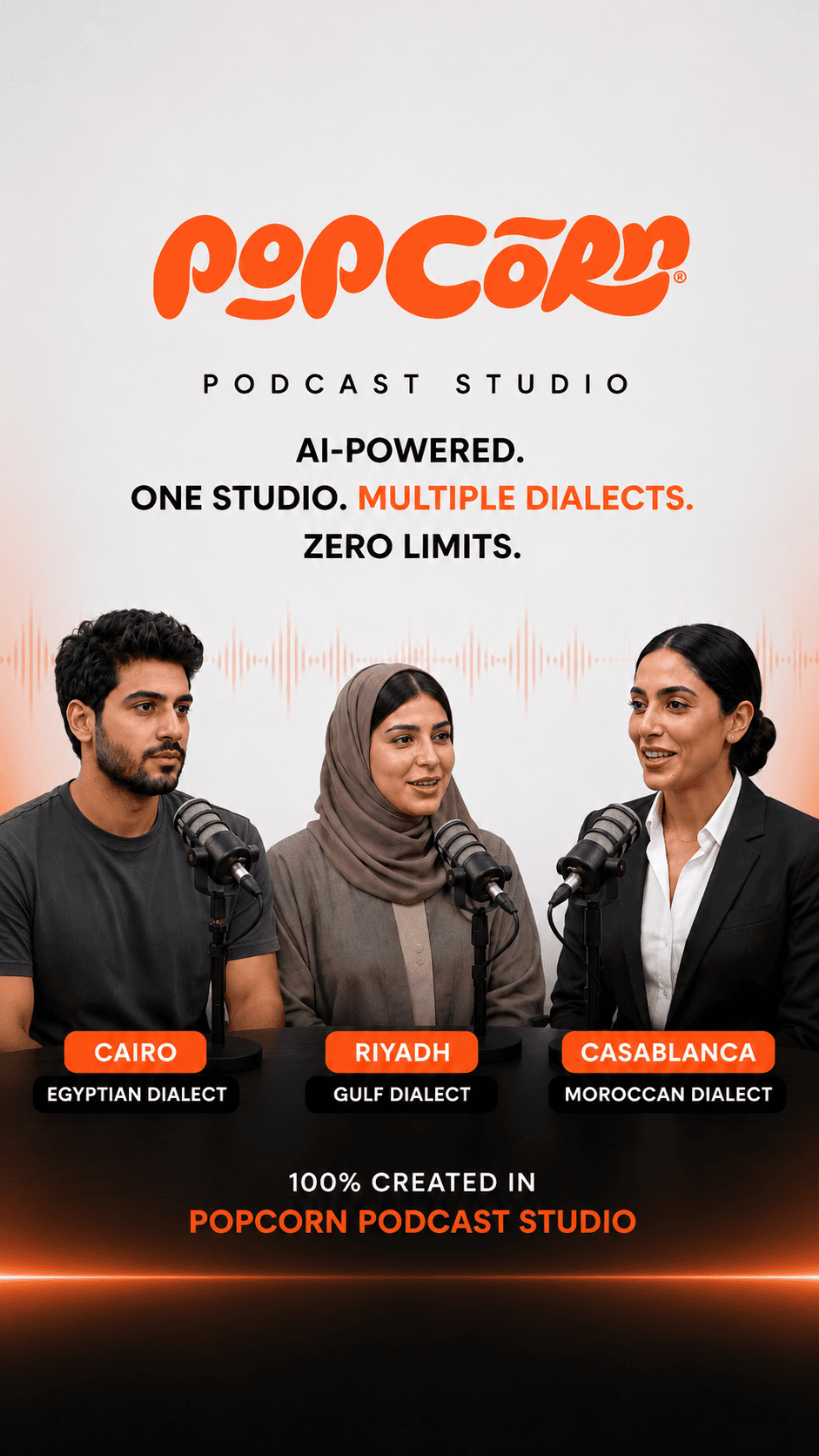 Popcorn Podcast Studio featuring three AI-generated podcast hosts from Cairo, Riyadh, and Casablanca, demonstrating realistic Arabic lip-sync, multilingual AI podcast creation, and support for more than 55 languages.