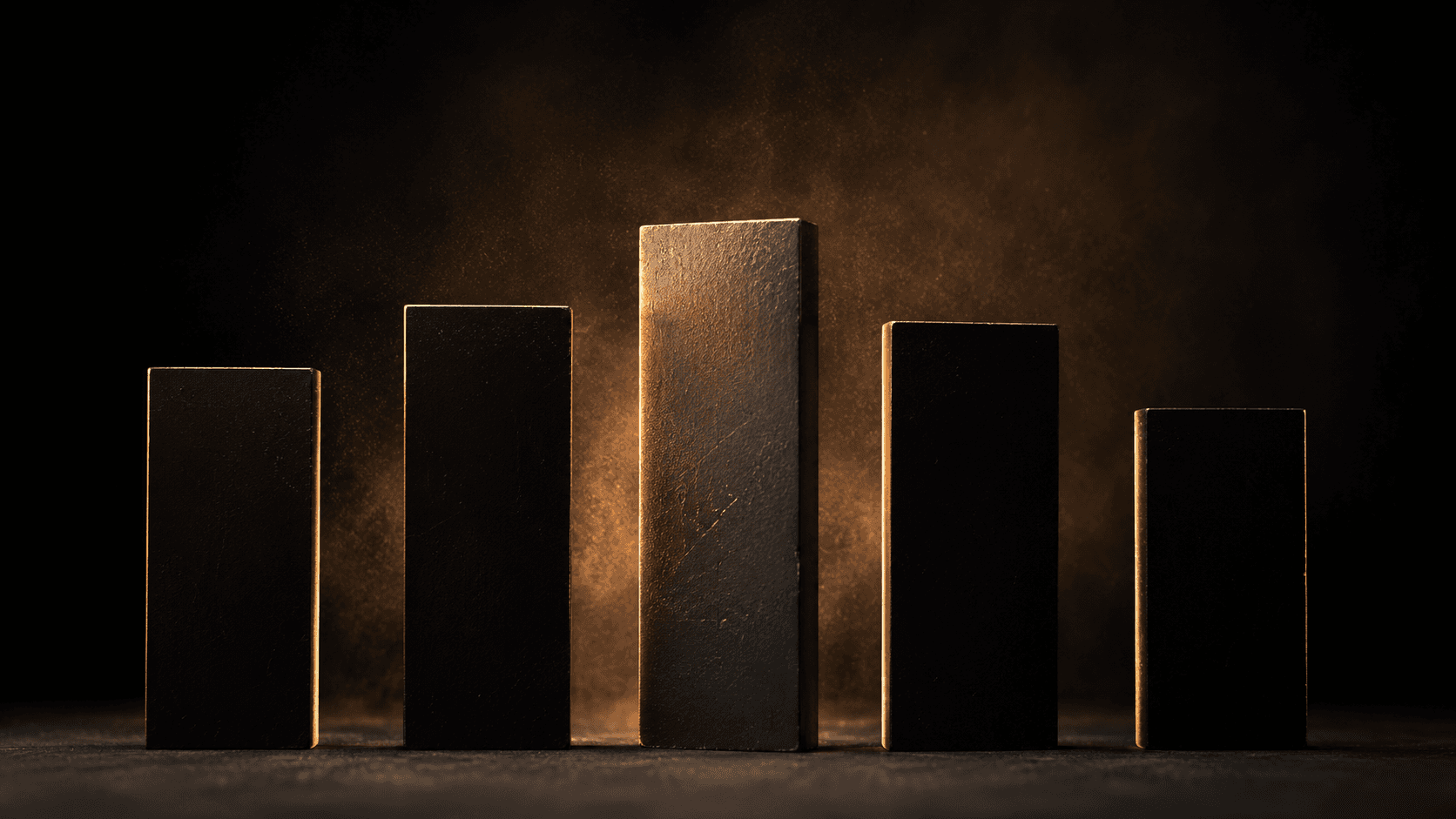 Five matte black vertical panels of different heights lit from behind in a dark studio, like a physical bar chart