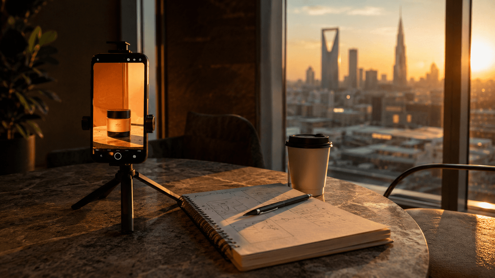 A phone on a tripod filming a cosmetics jar on a cafe table at sunset, with the Riyadh skyline through the window